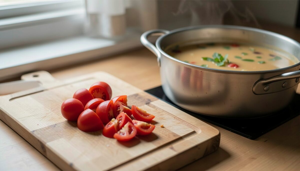 A cutting board with slightly soft tomatoes and peppers being chopped next to a pot of soup.