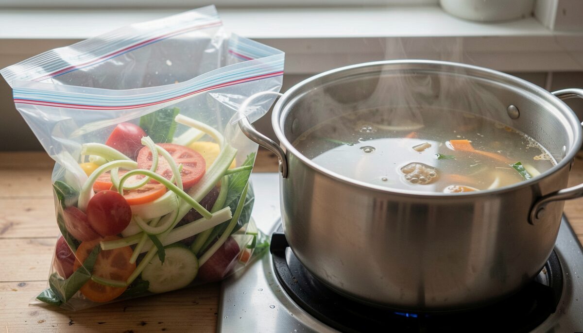 A freezer bag filled with vegetable peels and stems next to a pot of simmering broth.