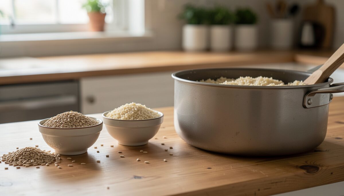 Small bowls of uncooked whole grains beside a pot of cooked grains on a kitchen table.