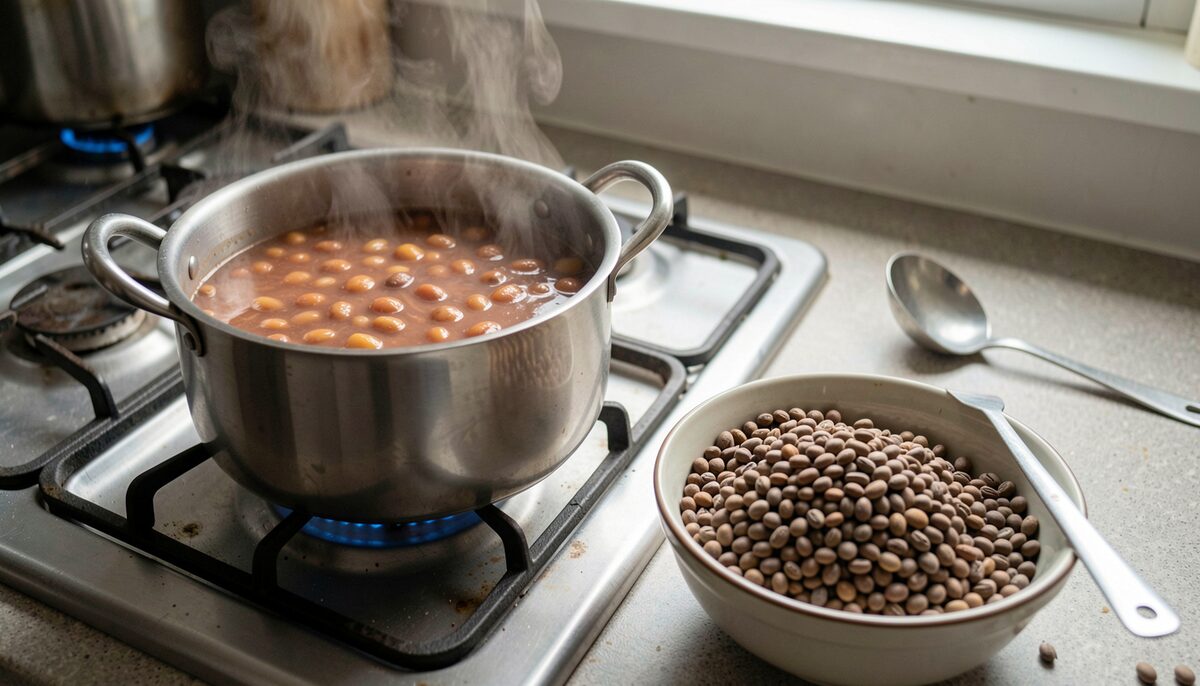 A pot of simmering beans on a stove with a bowl of dried beans and a ladle on the counter.