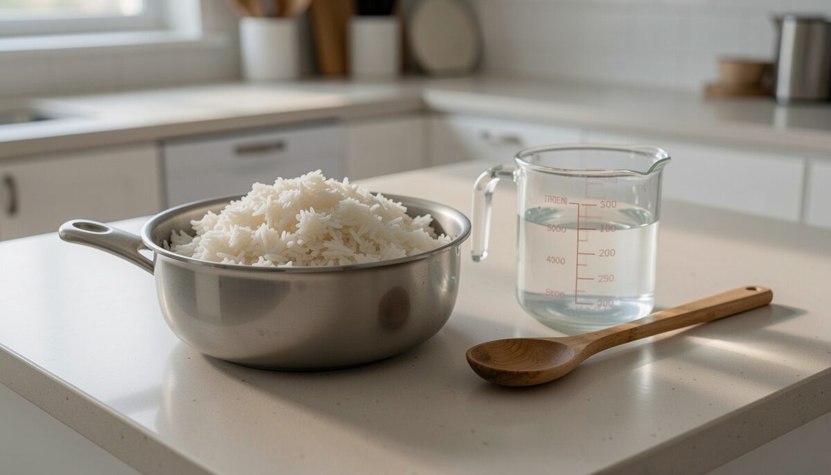 A plain kitchen counter with a pot of cooked white rice, a wooden spoon and a glass measuring cup of water.