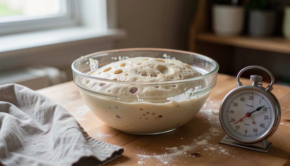 A glass bowl with risen bread dough showing bubbles, a floured cloth and a kitchen timer nearby.