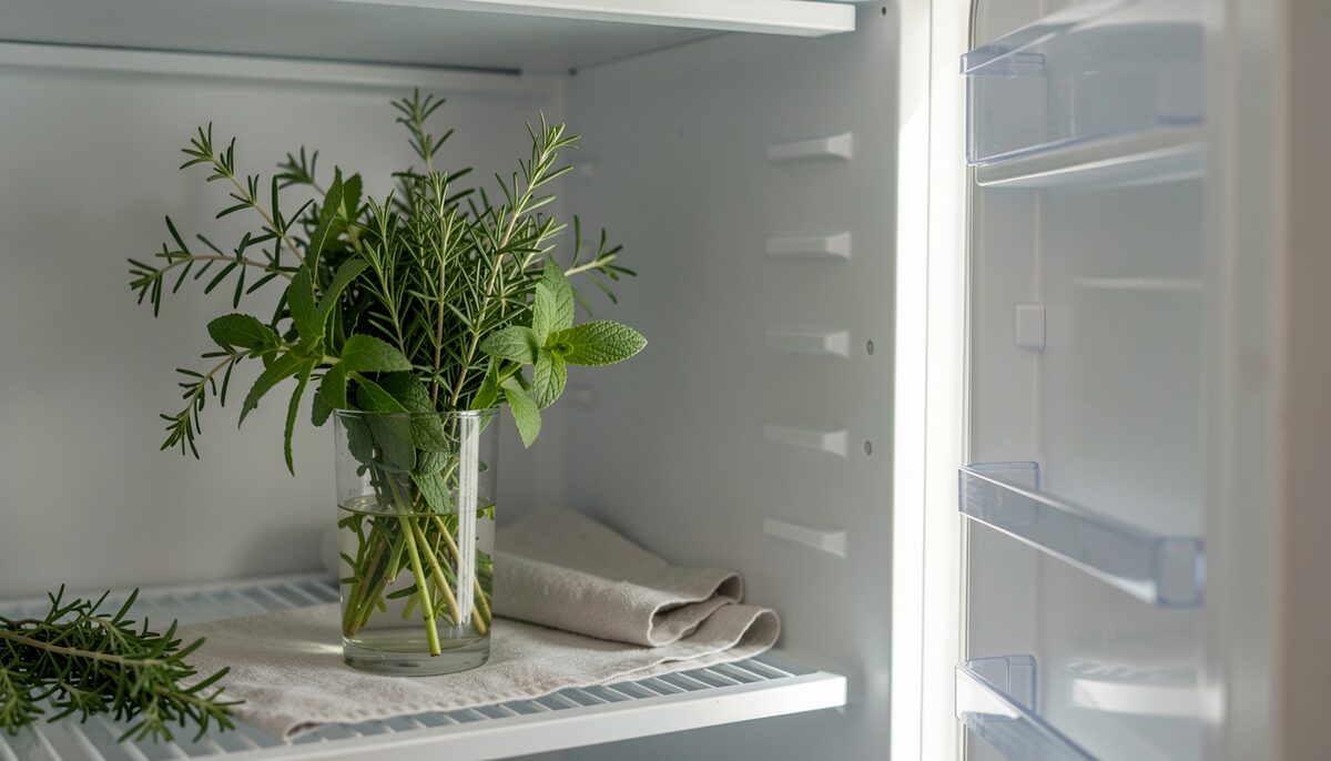 Fresh herb bunches in a glass of water on a shelf, with a damp cloth and a refrigerator door slightly open.