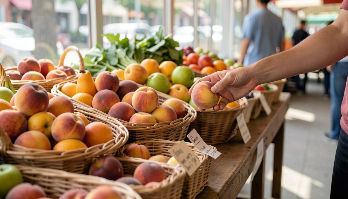 A market stall with baskets of seasonal fruit, a hand gently holding a peach and no visible signs.
