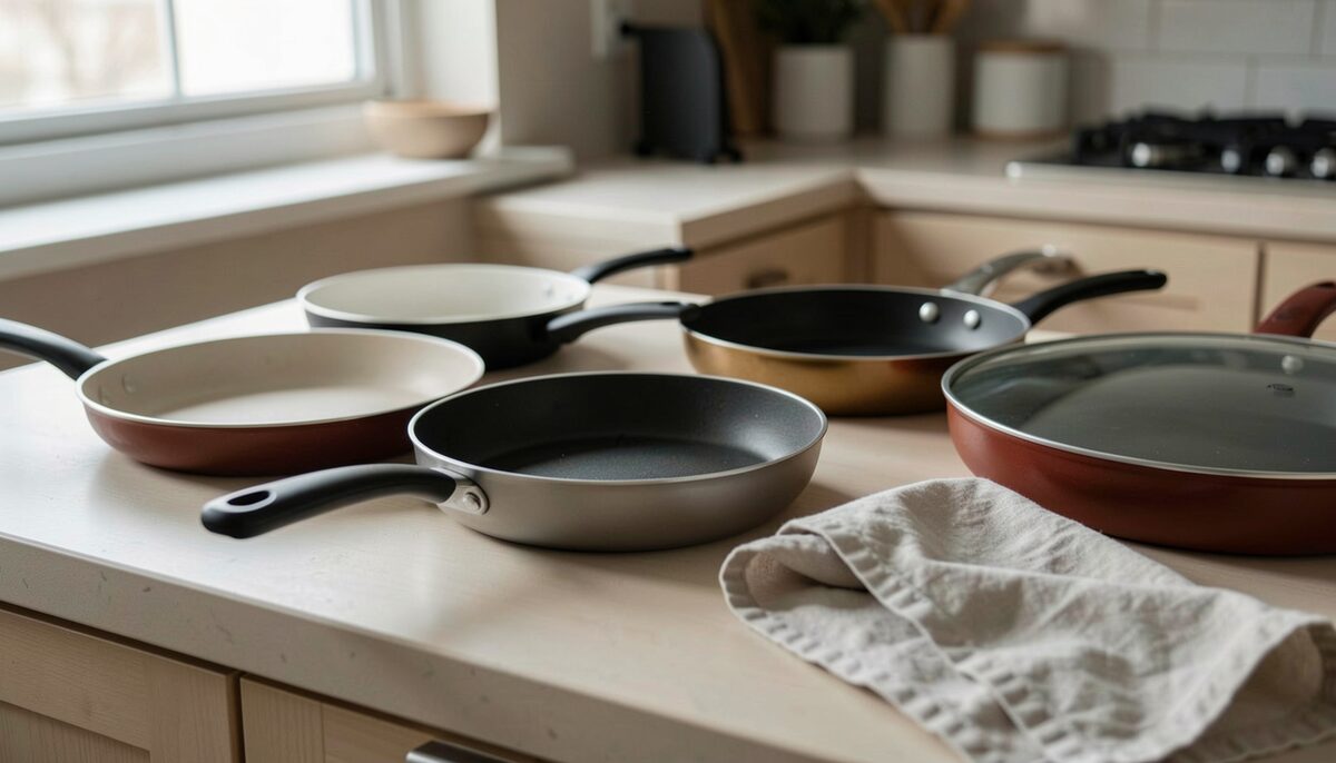 Several frying pans of different materials arranged on a kitchen counter with a folded cloth.