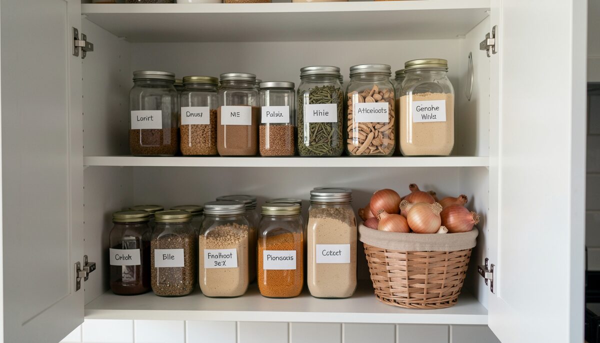 An open kitchen pantry shelf with labeled jars of dry goods and a basket of onions.