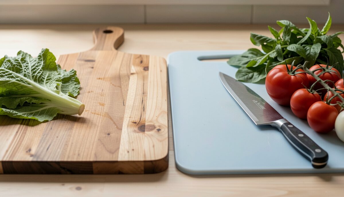 A wooden cutting board and a plastic cutting board side by side with fresh vegetables and a knife.
